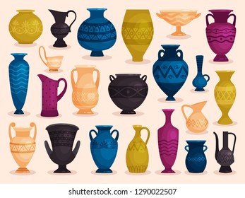 Set of colored antique vases. Vector illustration. Pottery ceramic, pot object crockery
