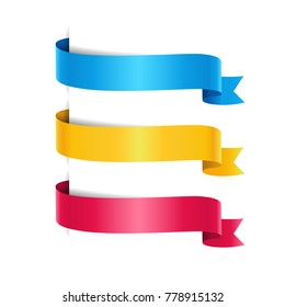 Set of colored arrow ribbons. Blue and yellow, red banners and flags, vector illustration
