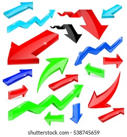 Set of colored arrows. Shiny 3d icons. Vector illustration isolated on white background.