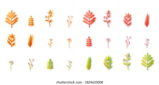 Set of colored autumn leaves in paper cut style. Collection of red, yellow, orange and green leaf and berries cut out of cardboard. Different vector 3d plants and herbs for autumn card design