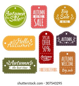 Set of colored autumn stickers, logo, labels, coupons. Autumn discounts, promotions, offers. Vector. Place for your text. 