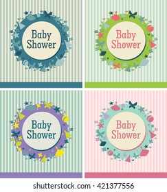 Set of colored baby shower invitation. Template for card. Cartoon flat vector illustration. Objects isolated on a background.