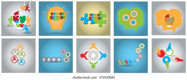 Set of colored background with different conceptual illustrations of success