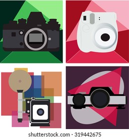 Set of colored backgrounds with different cameras. Vector illustration