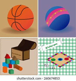 a set of colored backgrounds with different toys and balls