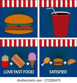 Set of colored backgrounds with fast food. Vector illustration