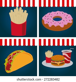 Set of colored backgrounds with fast food. Vector illustration