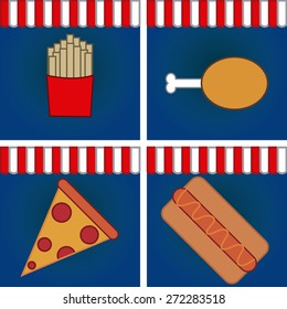 Set of colored backgrounds with fast food. Vector illustration