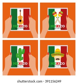 Set of colored backgrounds with hands holding messages with text and different icons