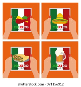 Set of colored backgrounds with hands holding messages with text and different icons