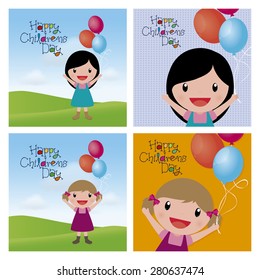 Set of colored backgrounds with kids for children's day. Vector illustration