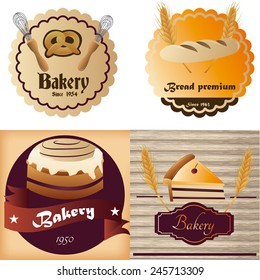 a set of colored backgrounds and labels with different bakery products