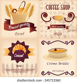 A set of colored backgrounds and labels with different bakery products