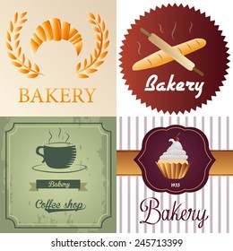 a set of colored backgrounds and labels with different bakery products