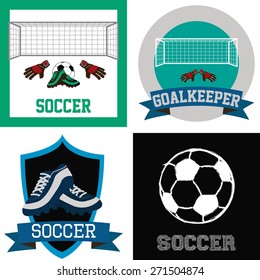 Set of colored backgrounds and labels with soccer elements. Vector illustration