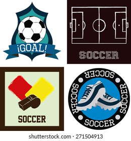 Set of colored backgrounds and labels with soccer elements. Vector illustration