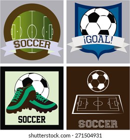 Set of colored backgrounds and labels with soccer elements. Vector illustration