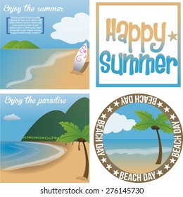 Set of colored backgrounds and labels for summer vacations. Vector illustration