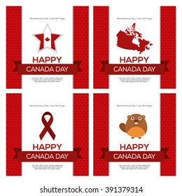 Set of colored backgrounds with ribbons with text and different icons for canada day celebrations