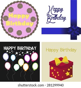 Set of colored backgrounds with text and birthday elements. Vector illustration