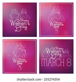 a set of colored backgrounds with text and bodies of different women