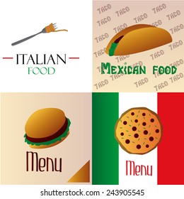 a set of colored backgrounds with text and different menu icons