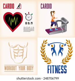 a set of colored backgrounds with text and different fitness icons and elements