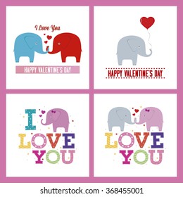 Set of colored backgrounds with text and elephants for valentine's day
