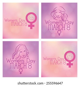 a set of colored backgrounds with text, happy women and women symbols