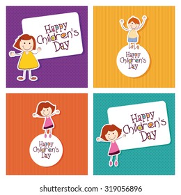 Set of colored backgrounds with text and kids