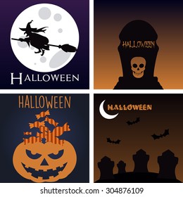 Set of colored backgrounds with text and traditional elements for Halloween. Vector illustration