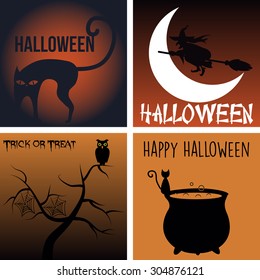 Set of colored backgrounds with text and traditional elements for Halloween. Vector illustration