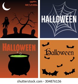 Set of colored backgrounds with text and traditional elements for Halloween. Vector illustration