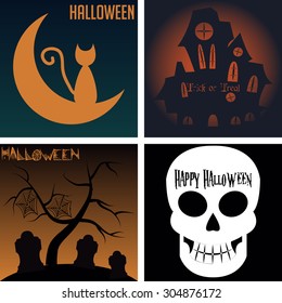 Set of colored backgrounds with text and traditional elements for Halloween. Vector illustration