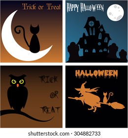 Set of colored backgrounds with text and traditional elements for Halloween. Vector illustration
