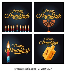 Set of colored backgrounds with text and traditional elements for hanukkah celebrations