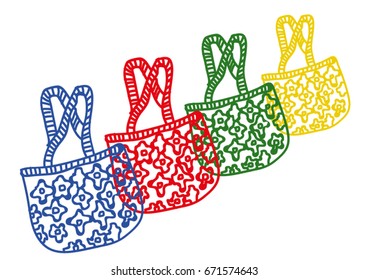 Set of colored bags with handle, isolated on white. Vector Illustration.