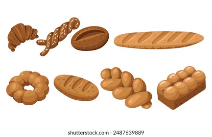 Set colored bakery products, a natural illustration. Natural color scheme. loaf, basket, bagel, baguette. Delicious pastries from different types of products. Suitable for baking in cafes, bakeries. r