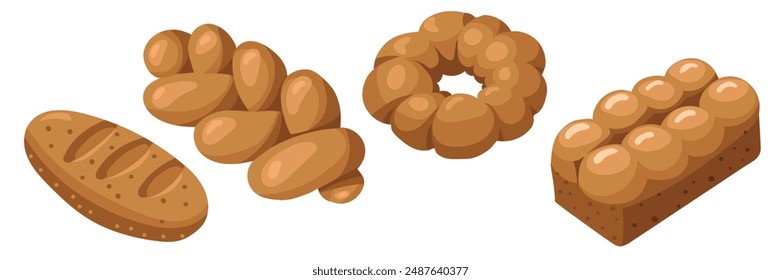 A set of colored bakery products, a natural illustration. Natural color scheme. loaf, basket, bagel. Delicious pastries from different types of products. Suitable for baking in cafes, bakeries. range