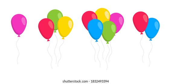 Set of colored balloons in a flat style. Cartoon balloons for birthday and party. Vector