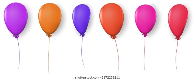 Conjunto de globos de colores con resaltes y sombras sobre una cuerda aislada en fondo blanco. Ilustración vectorial.