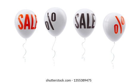 Set of colored balloons with percent and sale sign. Symbol of discount isolated on white background. Set of icons for retail, shopping, markets. White balloons floating in the air