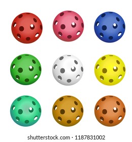 set of colored balls for floorball of six pieces on white background