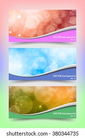 Set of colored banner templates with beautiful bokeh. Bright modern abstract design.