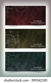 Set of colored banner templates. Mechanical engineering drawings on blackboard. Vector illustration