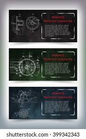 Set of colored banner templates. Mechanical engineering drawings on blackboard. Vector illustration