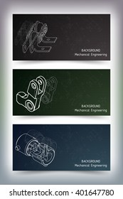 Set of colored banner templates. Mechanical engineering drawings on blackboard. Vector illustration