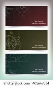 Set of colored banner templates. Mechanical engineering drawings on blackboard. Vector illustration