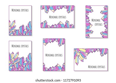 Set of colored banners with crystals, diamonds, minerals. Pink and purple cards with jews