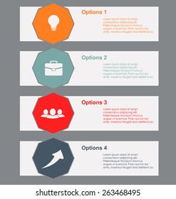 Set of colored banners of different geometric shapes for web design, with icons for business theme.
